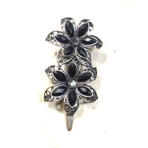 Hair Barrette Clip Black Rhinestone Floral Flowers Silver Tone Party Dance